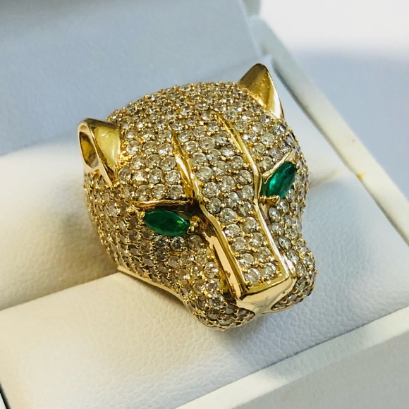 Effy 14K Gold Diamond Emerald Panther Head Ring - Picture 1 of 6